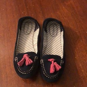EUC Sperry Navy Blue Suede Loafers w/ Pink Tassels